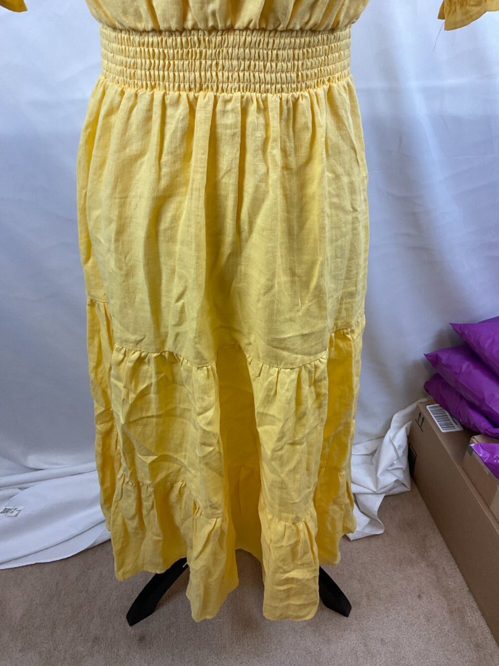 Boden Anne Linen Tiered Midi Dress US 4R Yellow Short Puff Sleeve V-Neck - Picture 9 of 10
